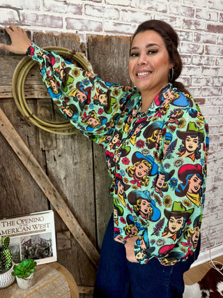 Cowgirl Pop Art Mesh Balloon Sleeve Blouse - Barbwire n Bougie Boutique