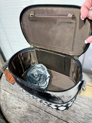 Cowhide & Checkered Western Makeup Case – Travel Cosmetic Organizer Bag - Barbwire n Bougie Boutique