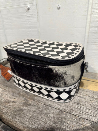 Cowhide & Checkered Western Makeup Case – Travel Cosmetic Organizer Bag - Barbwire n Bougie Boutique