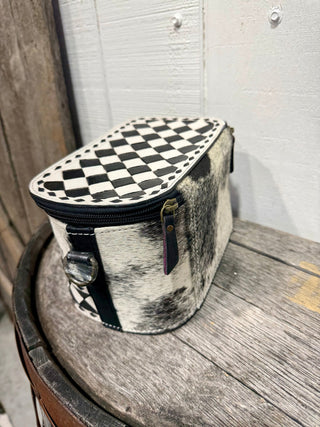 Cowhide & Checkered Western Makeup Case – Travel Cosmetic Organizer Bag - Barbwire n Bougie Boutique