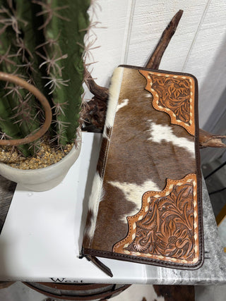 Cowhide & Tooled Leather Flat Travel Jewelry Case - Barbwire n Bougie Boutique