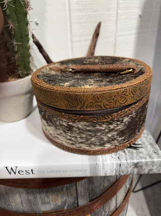 Cowhide & Tooled Western Round Travel Jewelry Case - Barbwire n Bougie Boutique