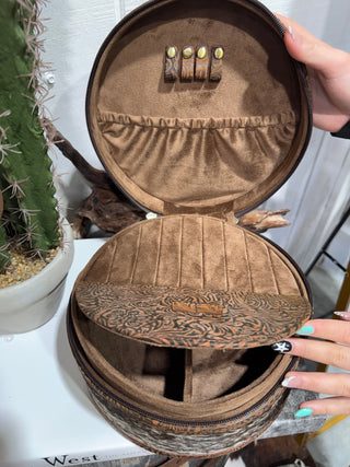 Cowhide & Tooled Western Round Travel Jewelry Case - Barbwire n Bougie Boutique