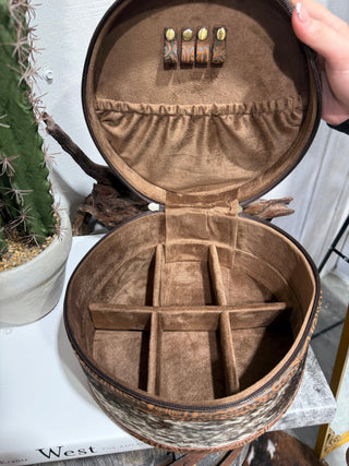 Cowhide & Tooled Western Round Travel Jewelry Case - Barbwire n Bougie Boutique