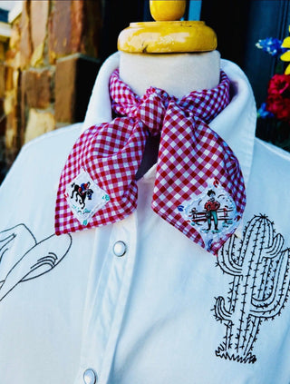 Cowpunchers Wild Rag – Red Gingham Western Scarf with Cowboy Embroidery - Barbwire n Bougie Boutique