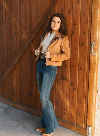 Cropped Brown Western Buckstitch Studded Faux Suede Jacket - Barbwire n Bougie Boutique