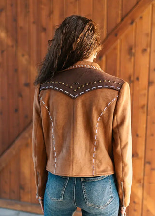 Cropped Brown Western Buckstitch Studded Faux Suede Jacket - Barbwire n Bougie Boutique