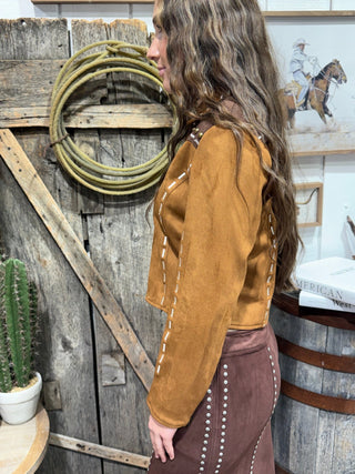 Cropped Brown Western Buckstitch Studded Faux Suede Jacket - Barbwire n Bougie Boutique