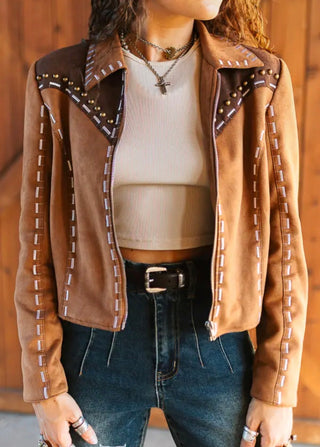 Cropped Brown Western Buckstitch Studded Faux Suede Jacket - Barbwire n Bougie Boutique