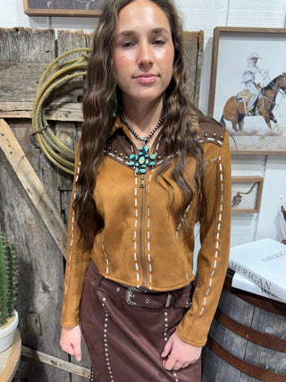 Cropped Brown Western Buckstitch Studded Faux Suede Jacket - Barbwire n Bougie Boutique