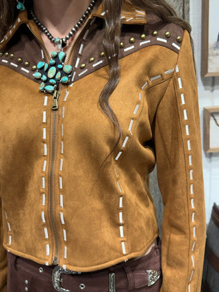 Cropped Brown Western Buckstitch Studded Faux Suede Jacket - Barbwire n Bougie Boutique