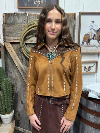 Cropped Brown Western Buckstitch Studded Faux Suede Jacket - Barbwire n Bougie Boutique