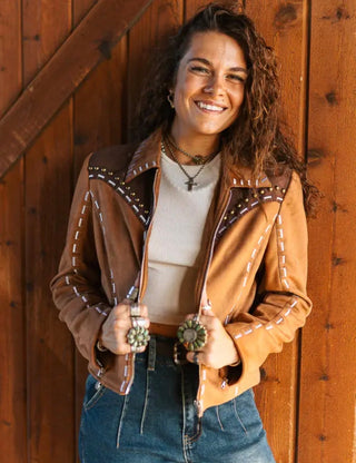 Cropped Brown Western Buckstitch Studded Faux Suede Jacket - Barbwire n Bougie Boutique