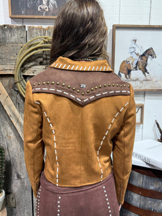Cropped Brown Western Buckstitch Studded Faux Suede Jacket - Barbwire n Bougie Boutique