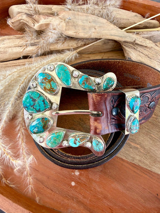 Custom Authentic Kingman Turquoise Statement Belt Buckle Set - Barbwire n Bougie Boutique