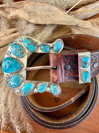 Custom Authentic Kingman Turquoise Statement Belt Buckle Set - Barbwire n Bougie Boutique