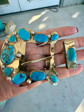 Custom Authentic Kingman Turquoise Statement Belt Buckle Set - Barbwire n Bougie Boutique