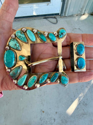 Custom Authentic Kingman Turquoise Statement Belt Buckle Set - Barbwire n Bougie Boutique