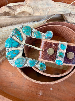 Custom Authentic Kingman Turquoise Statement Belt Buckle Set - Barbwire n Bougie Boutique