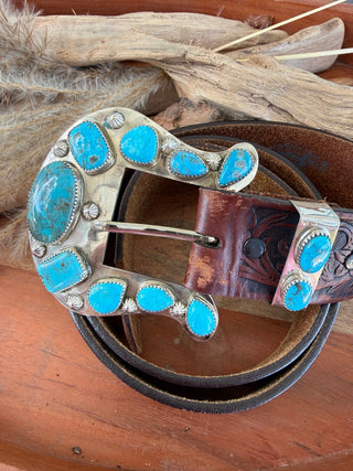 Custom Authentic Kingman Turquoise Statement Belt Buckle Set - Barbwire n Bougie Boutique