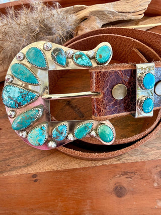 Custom Authentic Kingman Turquoise Statement Belt Buckle Set - Barbwire n Bougie Boutique