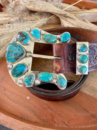 Custom Authentic Kingman Turquoise Statement Belt Buckle Set - Barbwire n Bougie Boutique