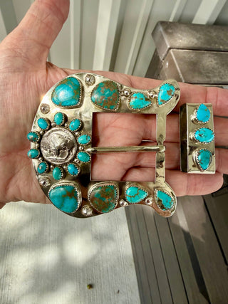 Custom Buffalo Nickel Turquoise Belt Buckle Set - Barbwire n Bougie Boutique