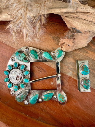 Custom Buffalo Nickel Turquoise Belt Buckle Set - Barbwire n Bougie Boutique