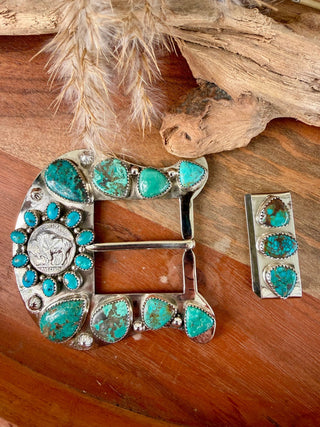 Custom Buffalo Nickel Turquoise Belt Buckle Set - Barbwire n Bougie Boutique