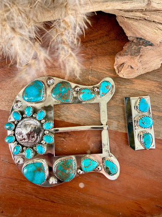 Custom Buffalo Nickel Turquoise Belt Buckle Set - Barbwire n Bougie Boutique