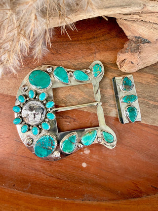 Custom Buffalo Nickel Turquoise Belt Buckle Set - Barbwire n Bougie Boutique