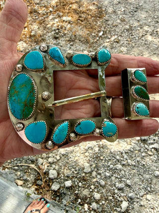 Custom Genuine Kingman Turquoise Artisan Belt Buckle Set - Barbwire n Bougie Boutique