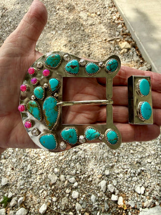 Custom Turquoise Cactus Statement Buckle Set - Barbwire n Bougie Boutique