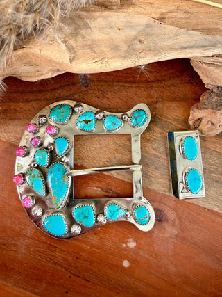 Custom Turquoise Cactus Statement Buckle Set - Barbwire n Bougie Boutique