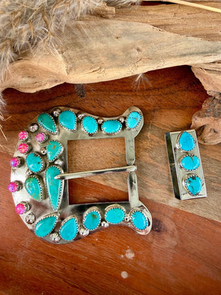 Custom Turquoise Cactus Statement Buckle Set - Barbwire n Bougie Boutique