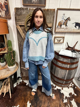 Dakota Knit Denim Western Yoke Sweater Vest - Barbwire n Bougie Boutique