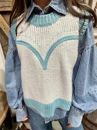 Dakota Knit Denim Western Yoke Sweater Vest - Barbwire n Bougie Boutique