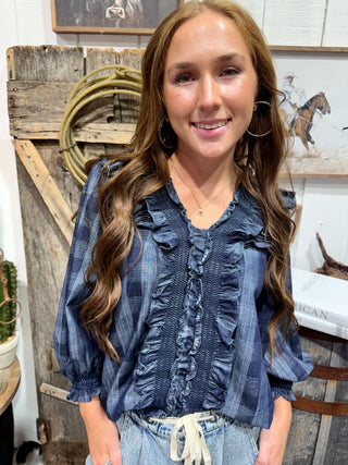 Dark Denim Plaid Smocked Ruffle Blouse - Barbwire n Bougie Boutique