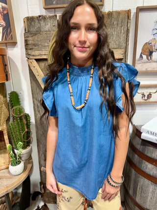 Dark Wash Denim Flutter Sleeve Top | Sterling Kreek - Barbwire n Bougie Boutique