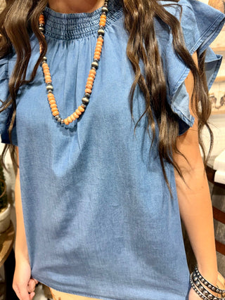 Dark Wash Denim Flutter Sleeve Top | Sterling Kreek - Barbwire n Bougie Boutique