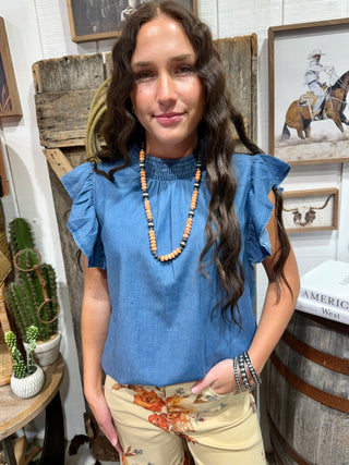 Dark Wash Denim Flutter Sleeve Top | Sterling Kreek - Barbwire n Bougie Boutique
