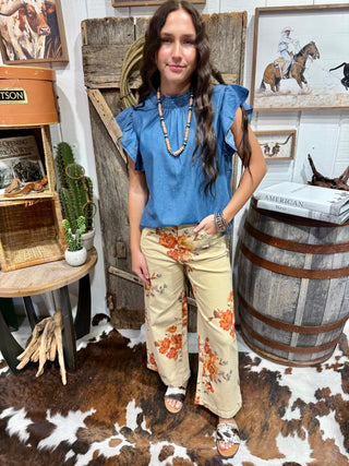 Dark Wash Denim Flutter Sleeve Top | Sterling Kreek - Barbwire n Bougie Boutique