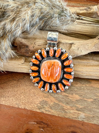 Darlene Begay Orange Spiny Oyster Cluster Sterling Silver Pendant - Barbwire n Bougie Boutique