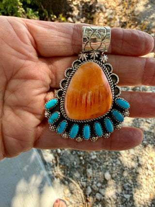 Darlene Begay Spiny Oyster & Sleeping Beauty Turquoise Sterling Silver Pendant - Barbwire n Bougie Boutique