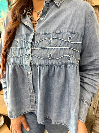 Denim Chambray Loopty Lou Long Sleeve Top – Western Boho Button-Up - Barbwire n Bougie Boutique