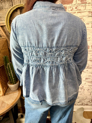 Denim Chambray Loopty Lou Long Sleeve Top – Western Boho Button-Up - Barbwire n Bougie Boutique