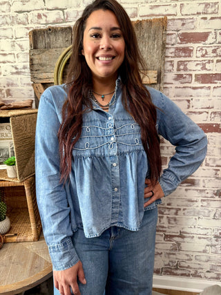 Denim Chambray Loopty Lou Long Sleeve Top – Western Boho Button-Up - Barbwire n Bougie Boutique