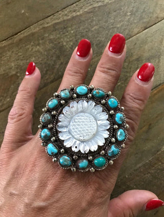 Desert Bloom Kingman Turquoise & Mother of Pearl Statement Ring - Barbwire n Bougie Boutique