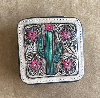 Desert Bloom Tooled Leather Cactus Mini Jewelry Case - Barbwire n Bougie Boutique