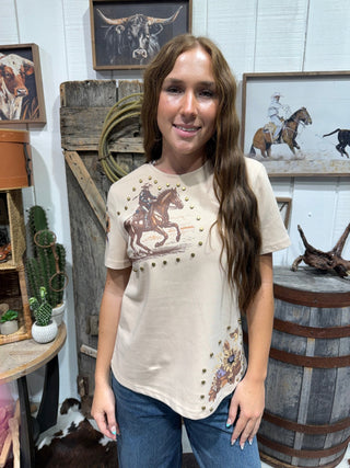Desert Rider Studded Western Tee | Cowboy Graphic Short Sleeve Top - Barbwire n Bougie Boutique